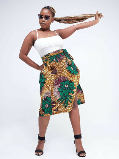 Vazi Afriq Ankara Wrap skirt - Beige / Green Print - Shopzetu