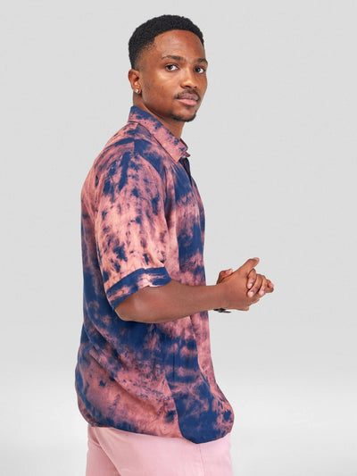 Vazi Afriq Tie & Dye Normal Collar Shirt - Navy Blue Bleach - Shopzetu