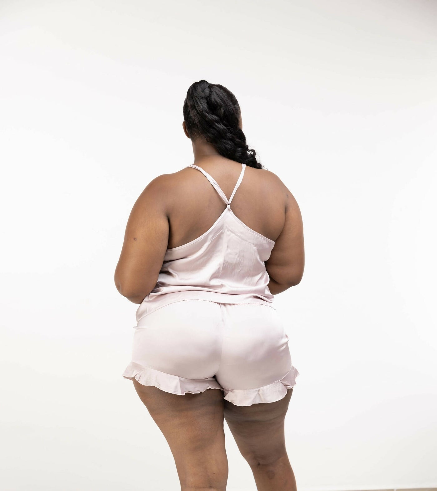 Intimates Kenya Camisole Satin Chiffon Sleepwear with Ruffle Short Pants - Pink - Shopzetu