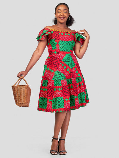 GravioFashion Tryna Skater Dress - Red / Green - Shopzetu