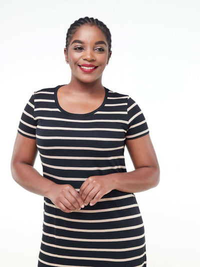 Hessed Sleeved Midi Striped Dress - Brown - Shopzetu