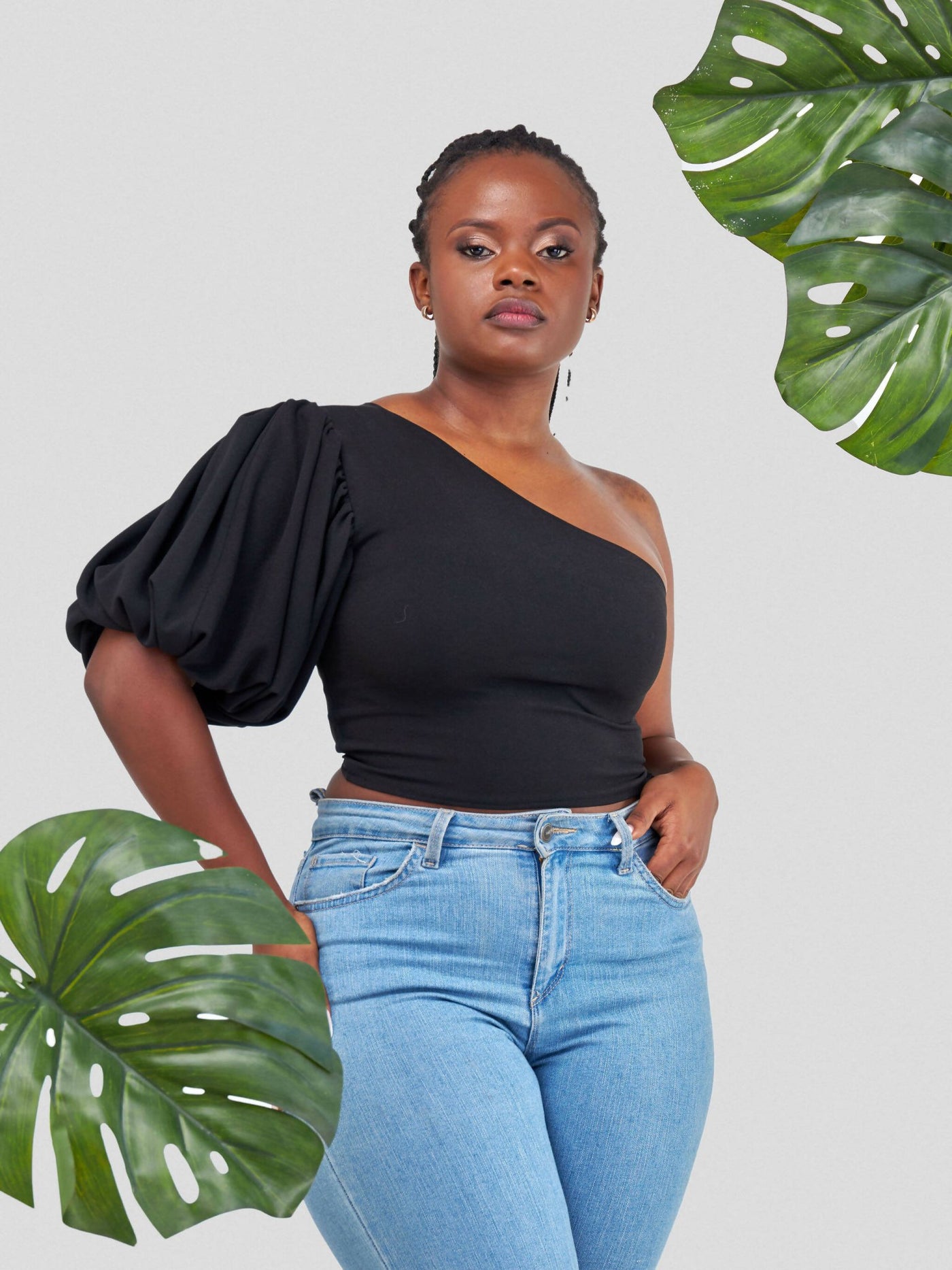 Chic Clique One Hand Ruffle Sleeve Top - Black - Shopzetu