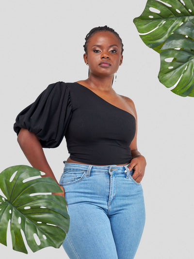 Chic Clique One Hand Ruffle Sleeve Top - Black - Shopzetu