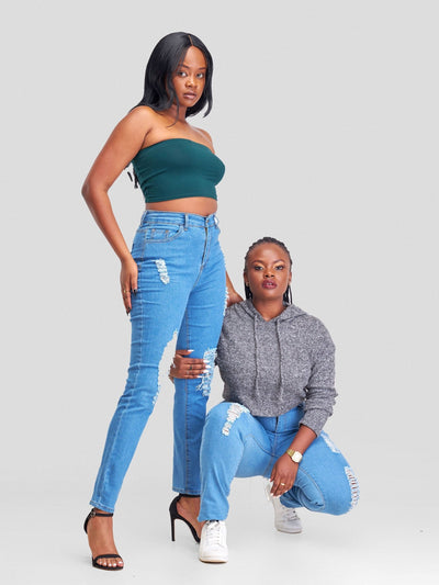 Denim Haven High Rise Skinny Ripped Jeans - Light Blue - Shopzetu