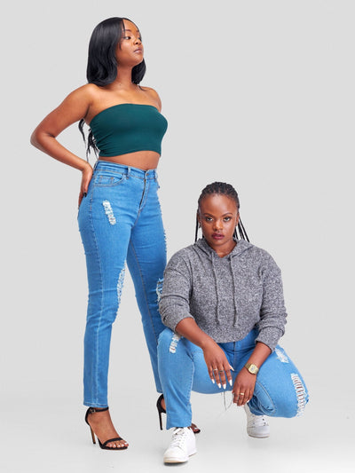 Denim Haven High Rise Skinny Ripped Jeans - Light Blue - Shopzetu