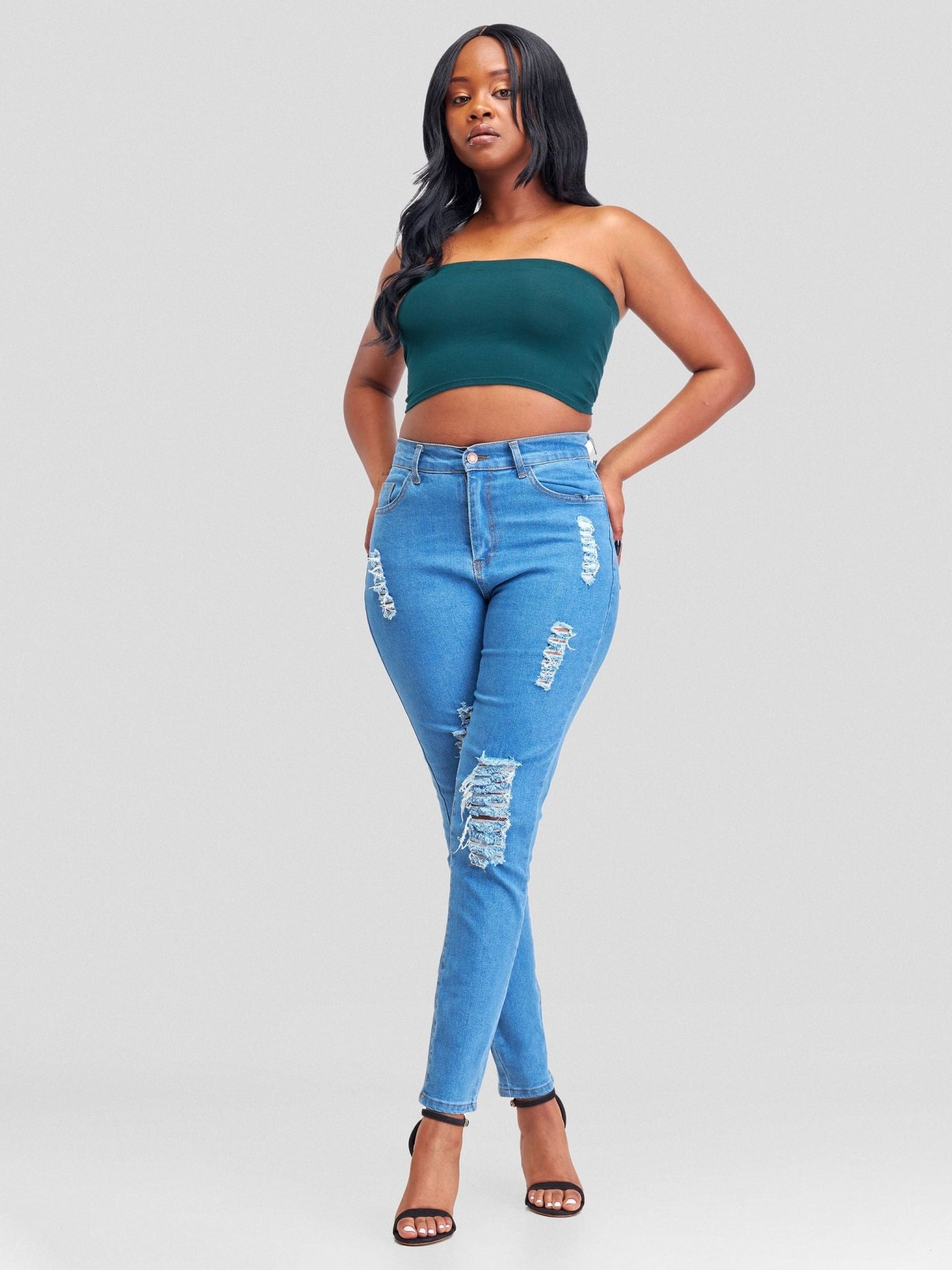 Denim Haven High Rise Skinny Ripped Jeans - Light Blue - Shopzetu