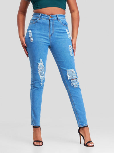 Denim Haven High Rise Skinny Ripped Jeans - Light Blue - Shopzetu