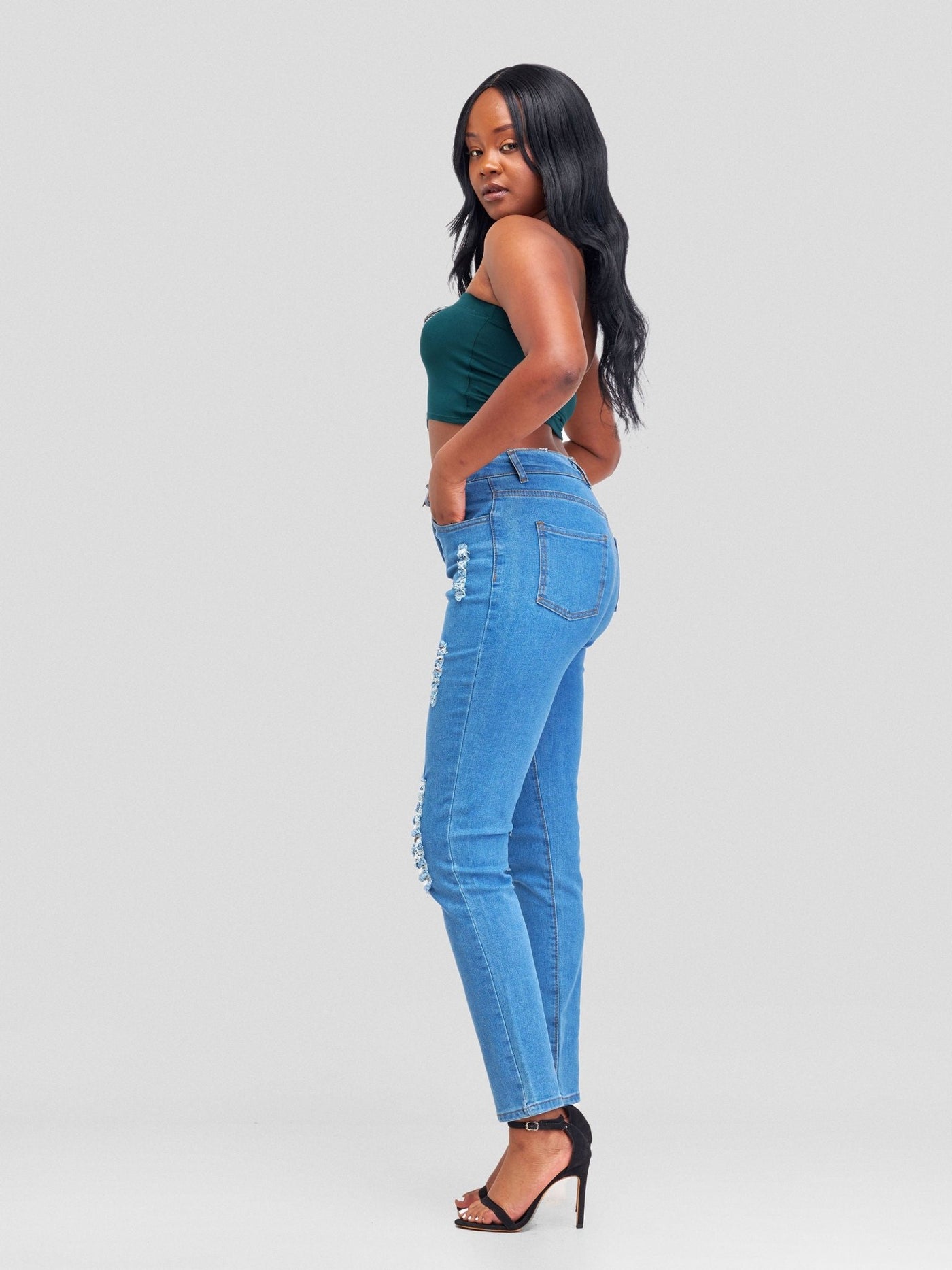 Denim Haven High Rise Skinny Ripped Jeans - Light Blue - Shopzetu