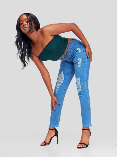 Denim Haven High Rise Skinny Ripped Jeans - Light Blue - Shopzetu