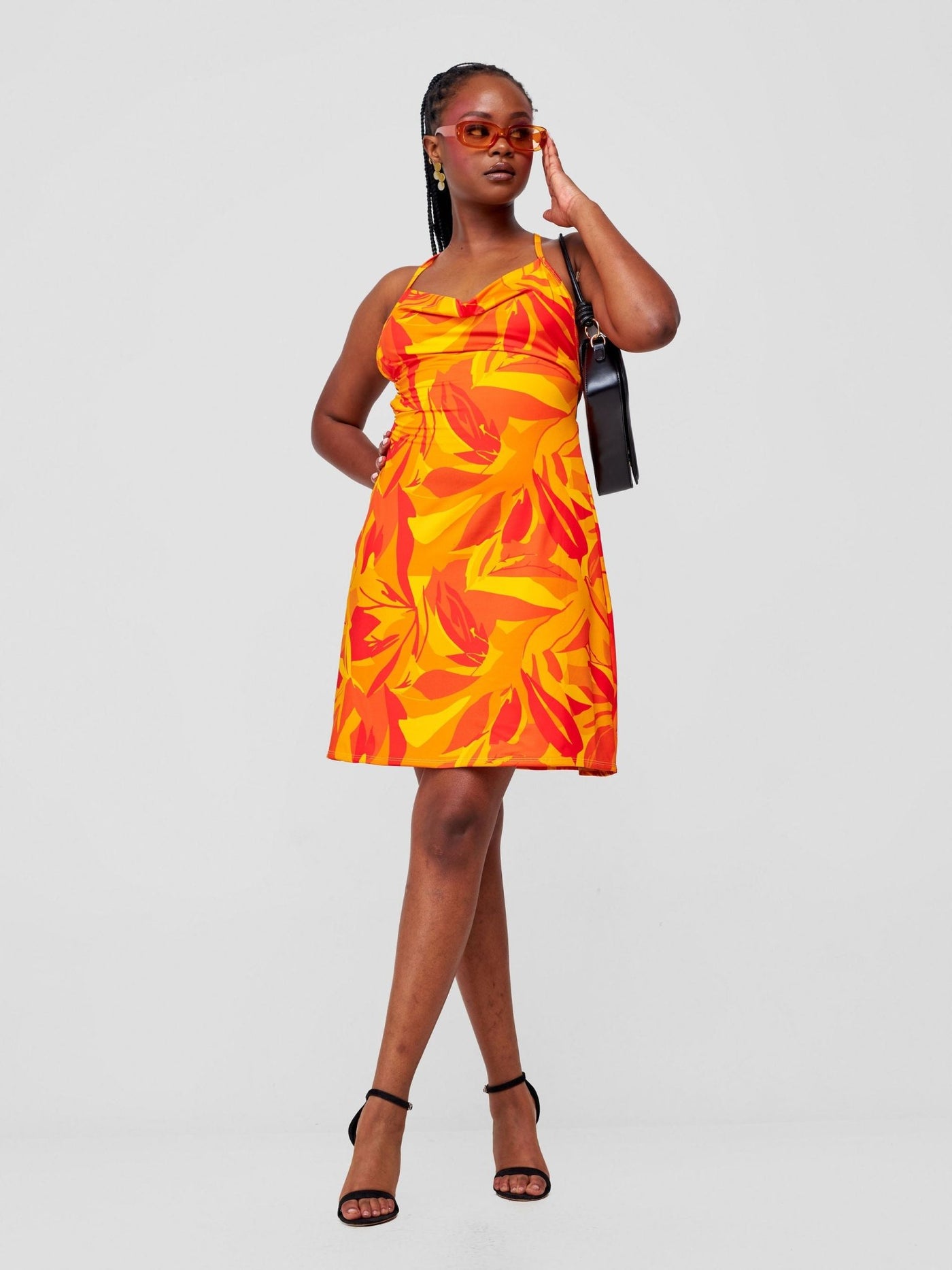 Zoya Party Cowl Bare Back Mini Dress - Safron / Mustard Waridi Print - Shopzetu