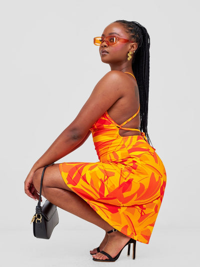 Zoya Party Cowl Bare Back Mini Dress - Safron / Mustard Waridi Print - Shopzetu