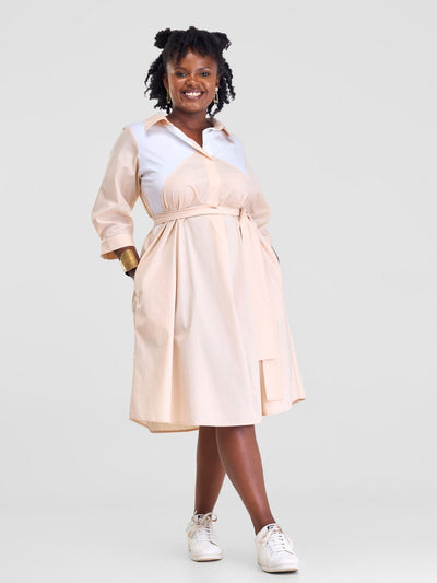 Safari Lira Front Panelled Shirt Dress - Taupe / White - Shopzetu