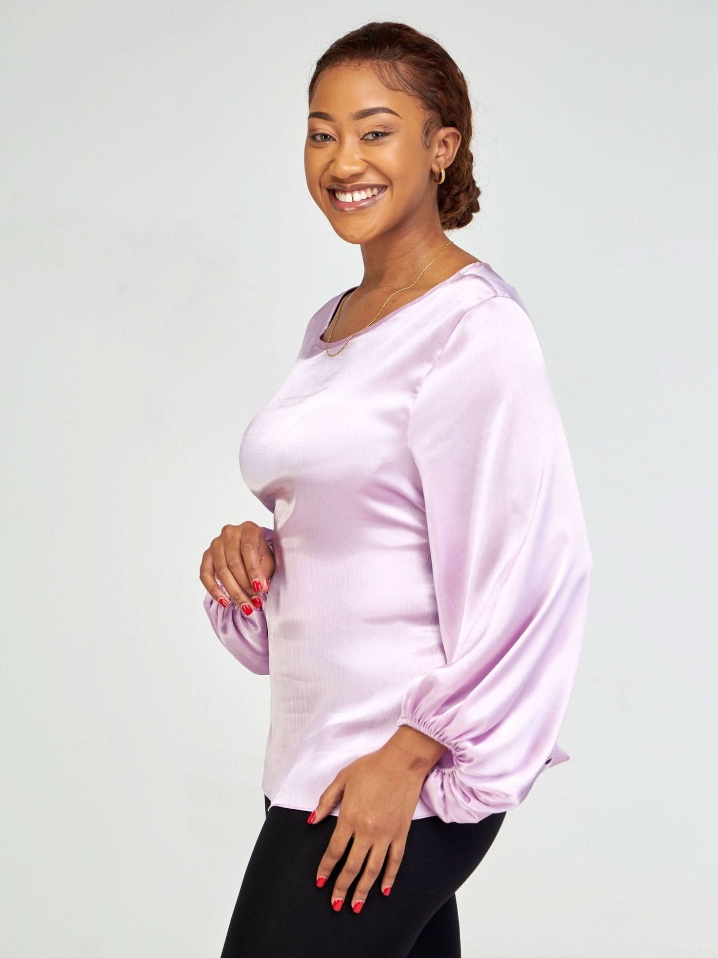 Vivo Basic Izzy Satin Bishop Sleeve Top - Lilac - Shopzetu