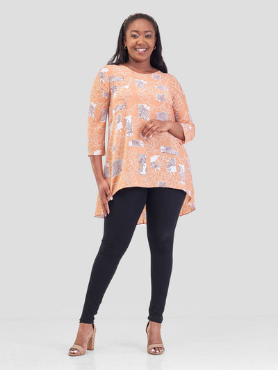 Vivo Luna 3/4 Sleeve High Low Top - Coral / White Floral Print - Shopzetu