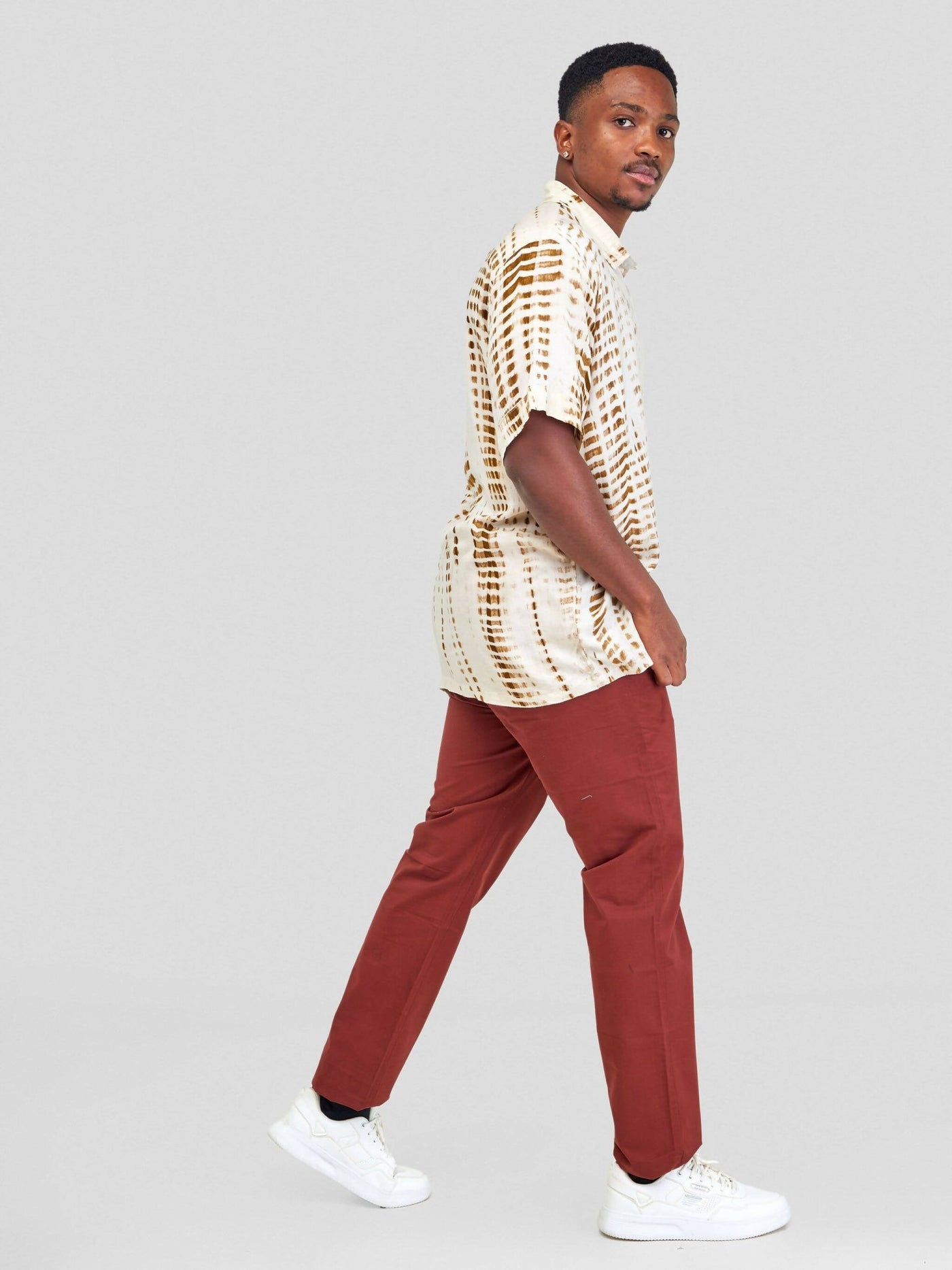 Vazi Afriq Tie & Dye Normal Collar Shirt - Khaki Brown / White - Shopzetu