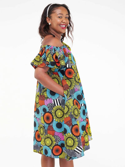 Izulu Amali Off Shoulder Dress - Blue Print - Shopzetu