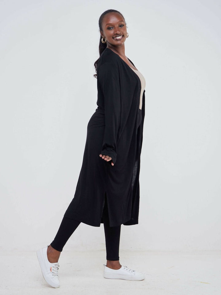 Hessed Long Buttoned Waterfall - Black - Shopzetu