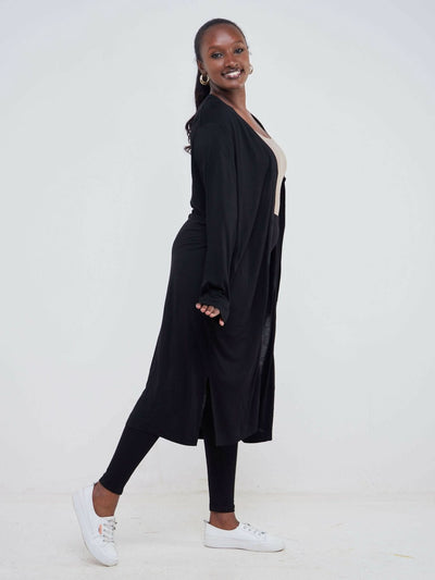 Hessed Long Buttoned Waterfall - Black - Shopzetu