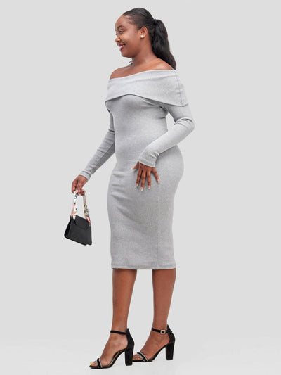 Chic Plug Off - Shoulder Dress - Grey - Shopzetu