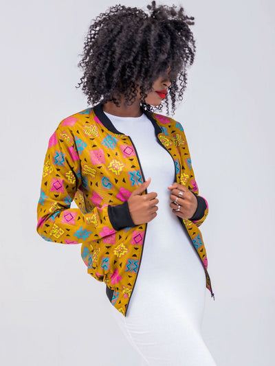 El Afrique Unisex Bomber Jacket - Mustard Print - Shop Zetu Kenya