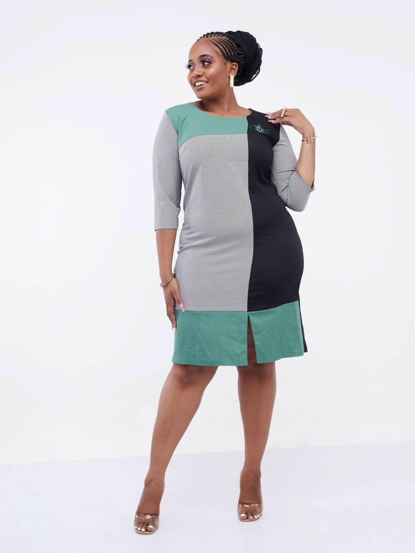 Elan Fashions Grey Checked Dress - Black / Green - Shop Zetu Kenya