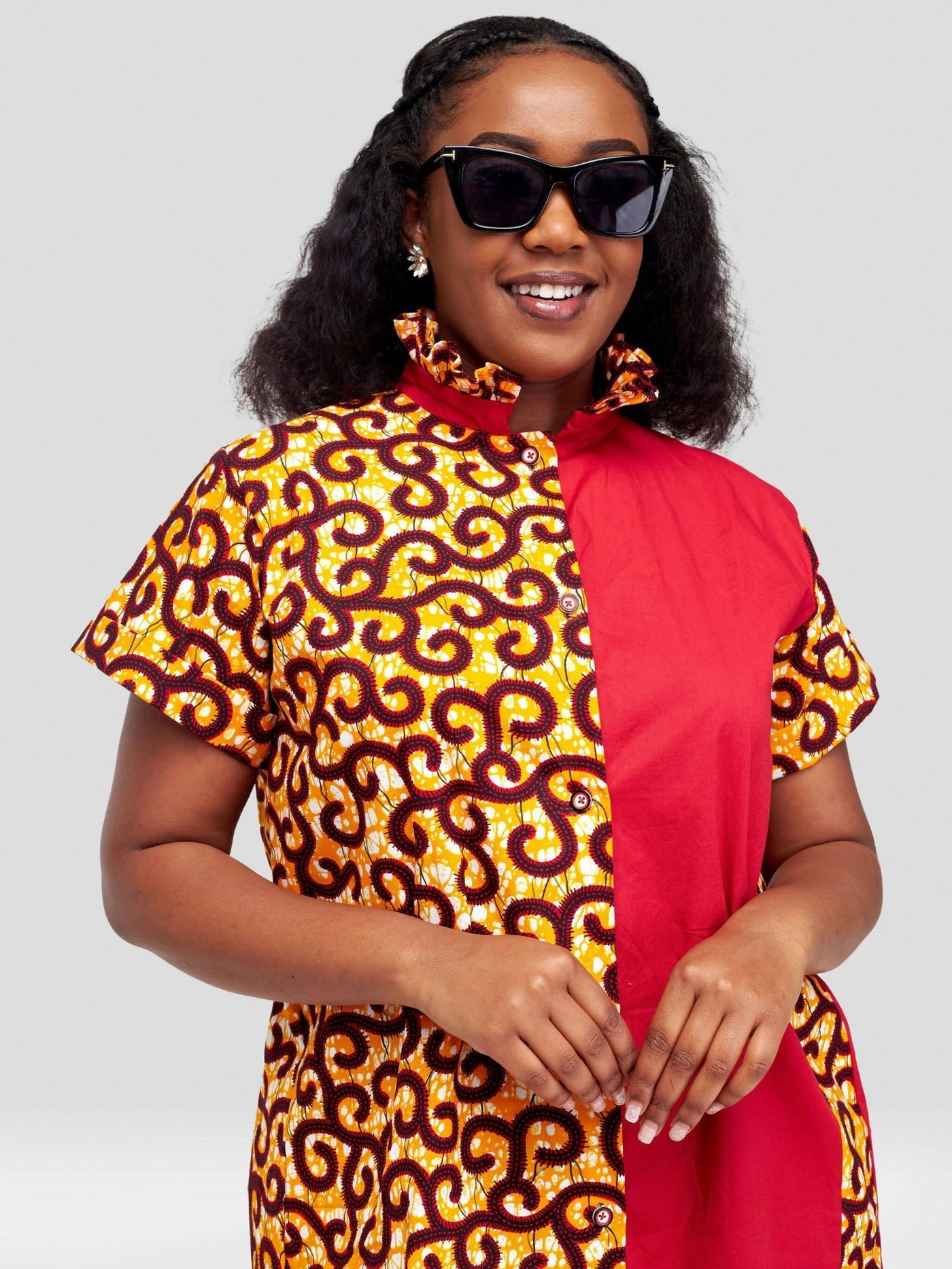 Vazi Afriq Cotton Ankara Shirt Dress - Orange / Red Print - Shopzetu