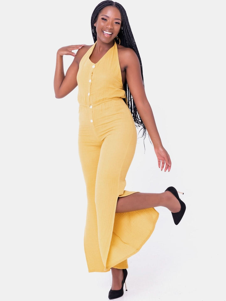 Hekaya Backless Halterneck Jump Suit - Mustard - Shopzetu