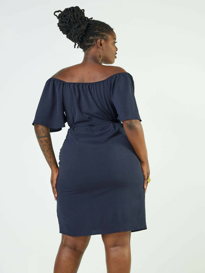 Phyls Collections Leo Off Shoulder Navy Blue Knee Length Dress - Blue - Shopzetu