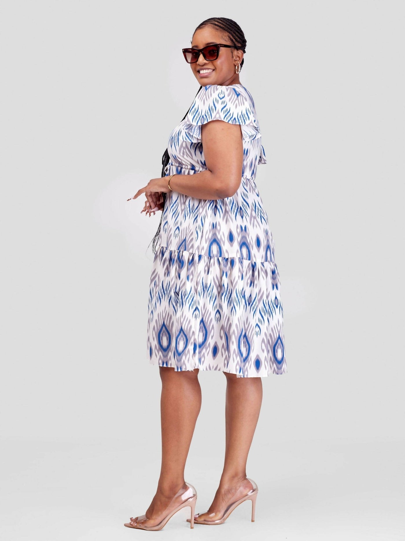 Phyls Collections Miami Knee Length Dress - White / Sky Blue Print - Shopzetu