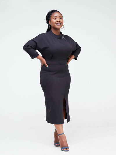 The Fashion Frenzy Shift Dress With Leather Detail- Black - Shopzetu