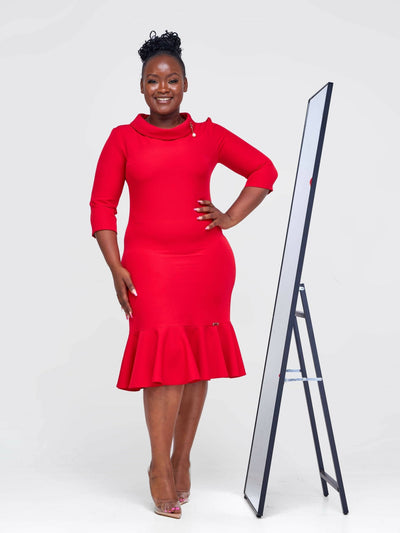 The Fashion Frenzy Turtle Neck Fishtail Dress - Red - Shopzetu