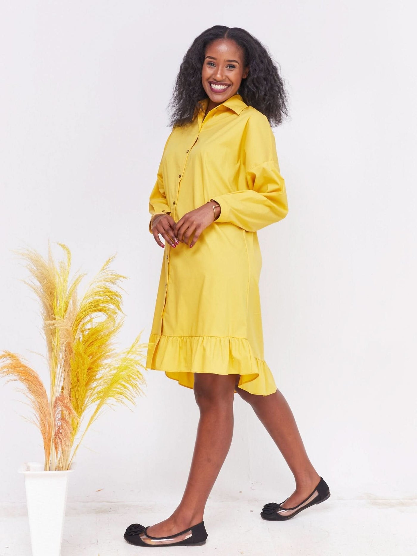 Safari Kaya Long Sleeve Dolman Flounce Shirt Dress - Mustard - Shopzetu