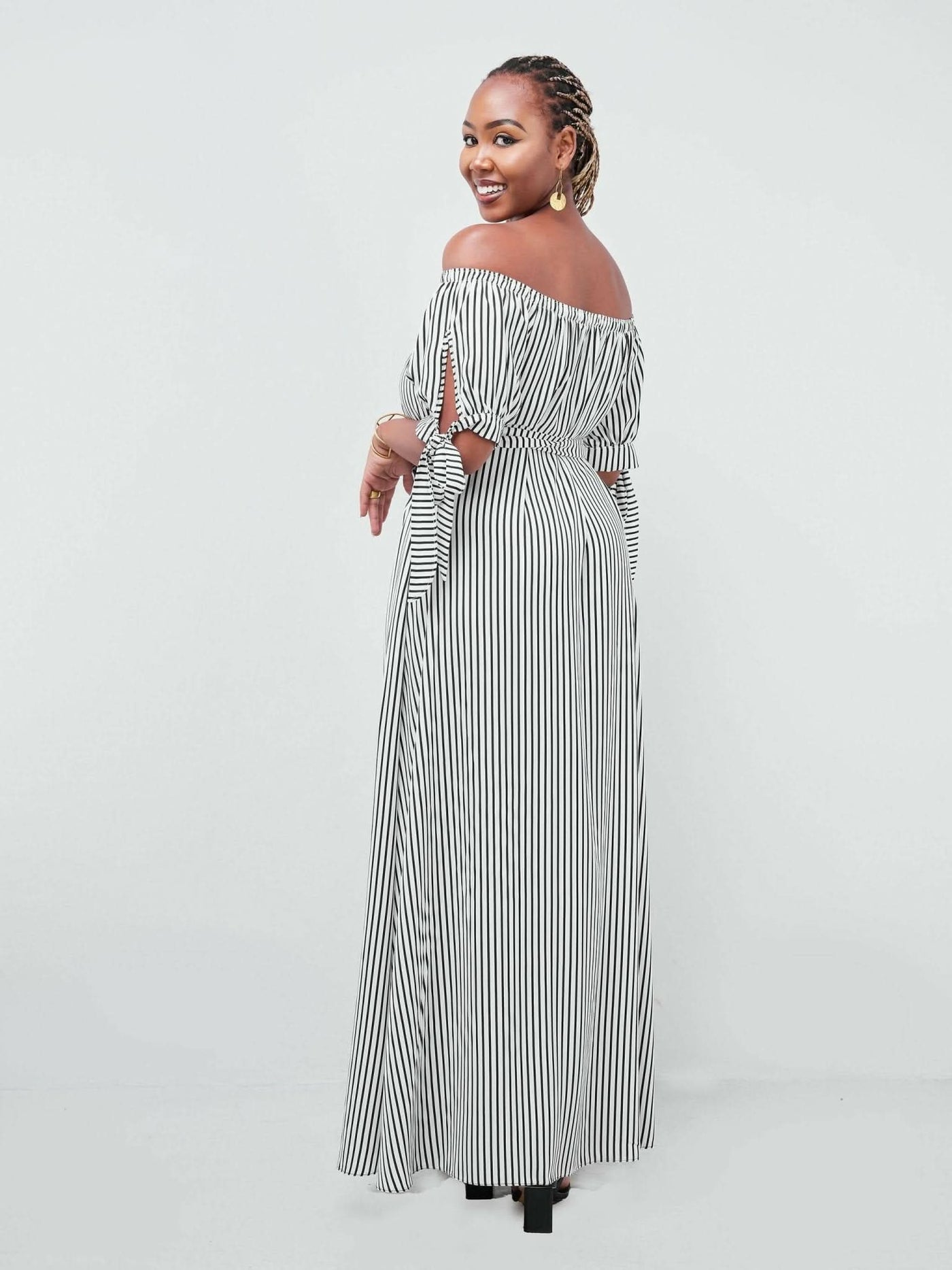 Salok Havilah Dabby Offshoulder Maxi Dress - Navy Blue Strips - Shopzetu