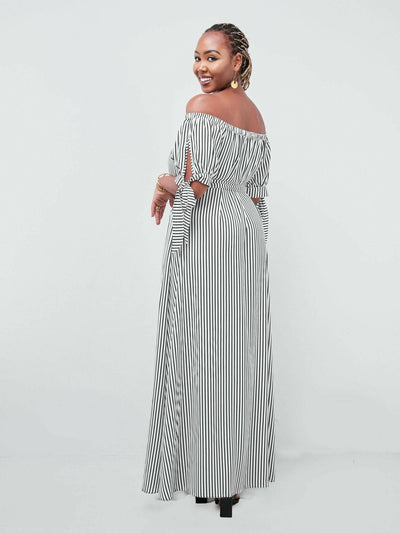 Salok Havilah Dabby Offshoulder Maxi Dress - Navy Blue Strips - Shopzetu