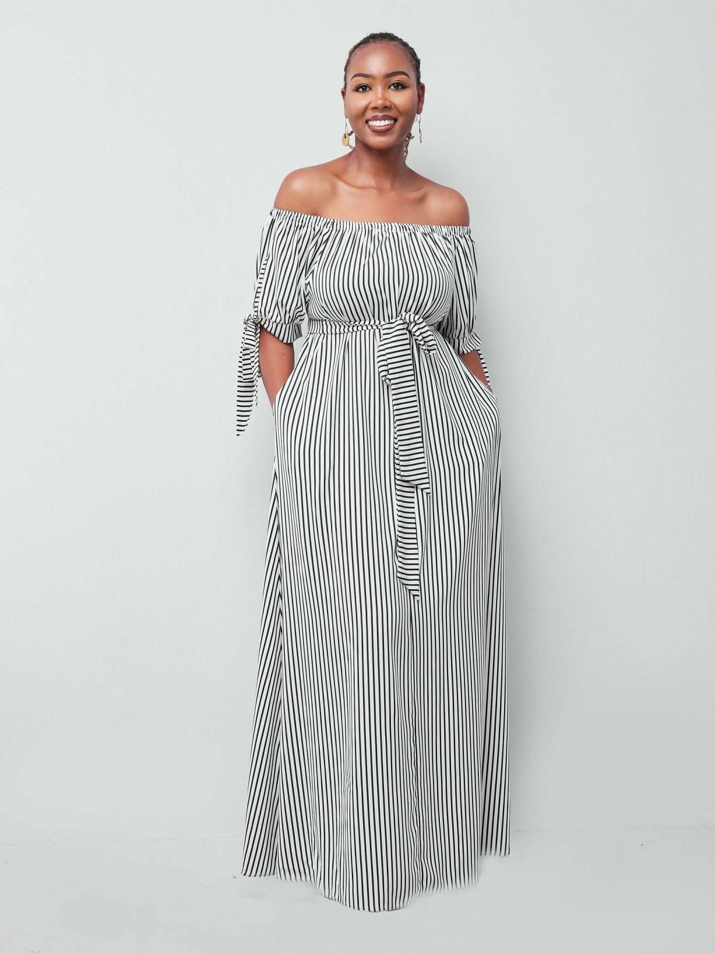 Salok Havilah Dabby Offshoulder Maxi Dress - Navy Blue Strips - Shopzetu