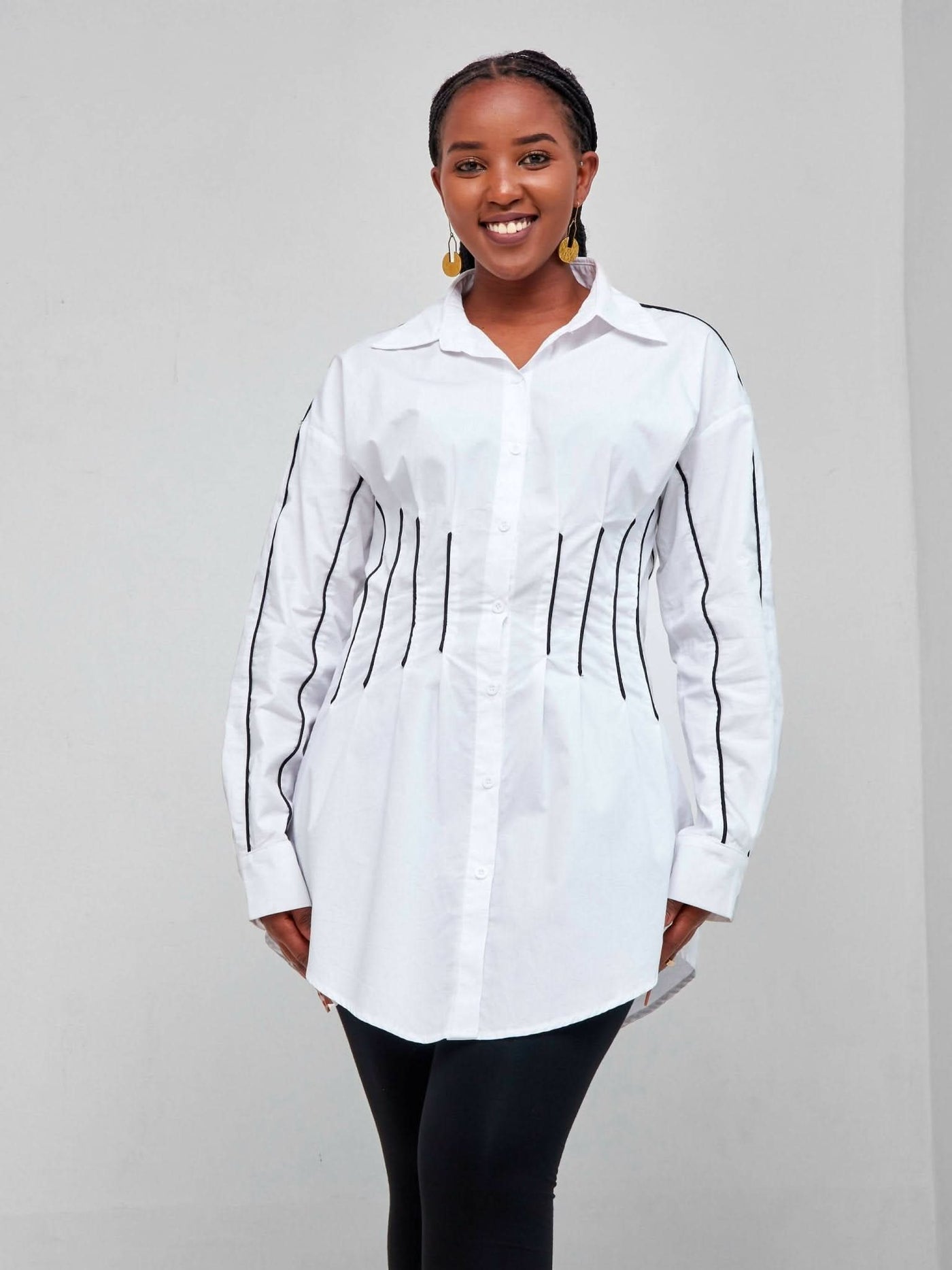 Signature The Brand Contrast Piping Fold Pleated Waist Curved Hem Blouse - White - Shop Zetu Kenya