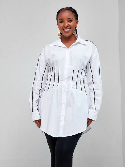 Signature The Brand Contrast Piping Fold Pleated Waist Curved Hem Blouse - White - Shop Zetu Kenya