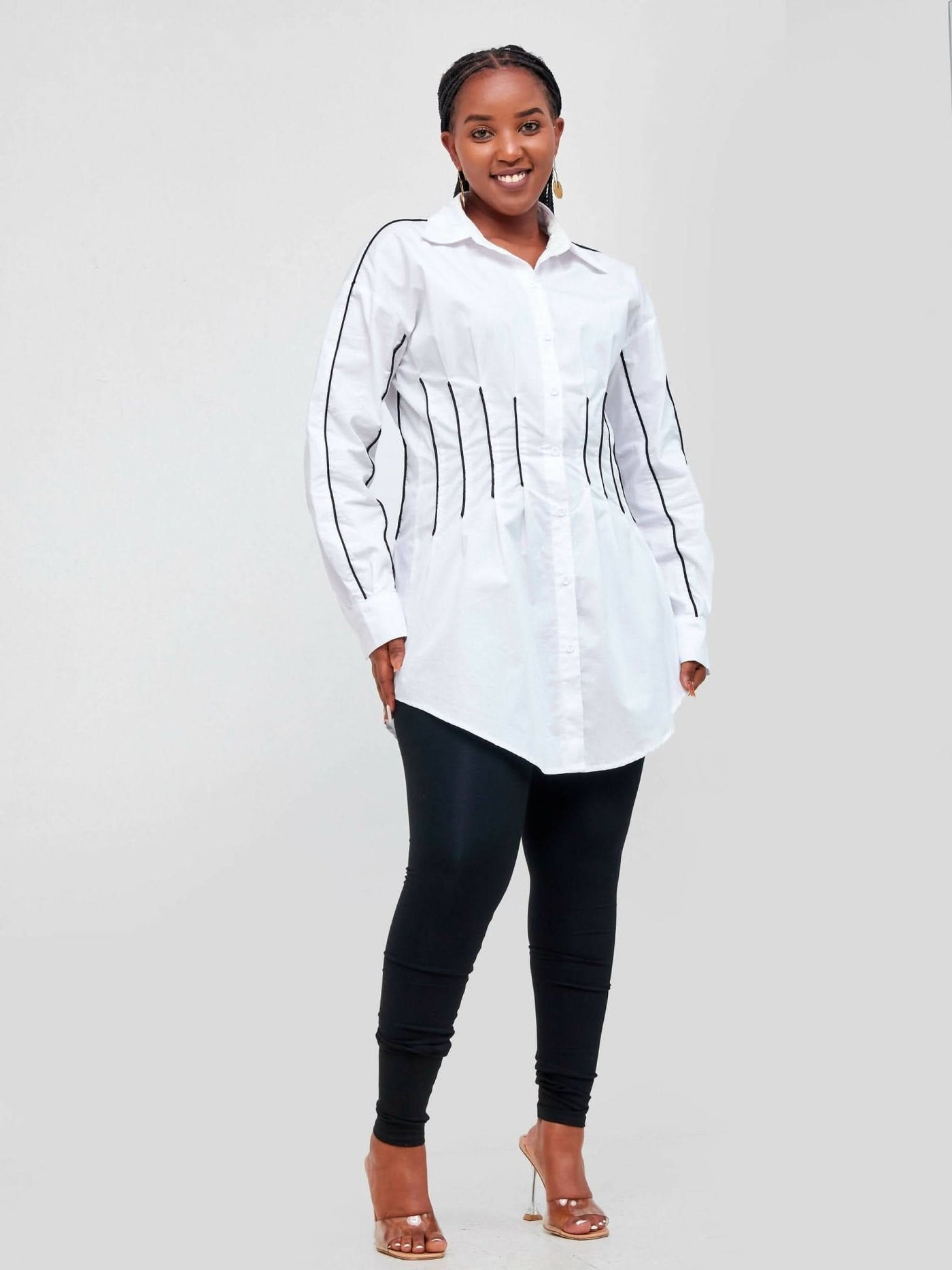 Signature The Brand Contrast Piping Fold Pleated Waist Curved Hem Blouse - White - Shop Zetu Kenya
