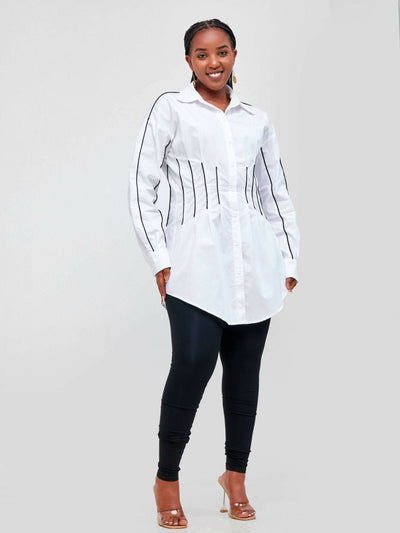 Signature The Brand Contrast Piping Fold Pleated Waist Curved Hem Blouse - White - Shop Zetu Kenya