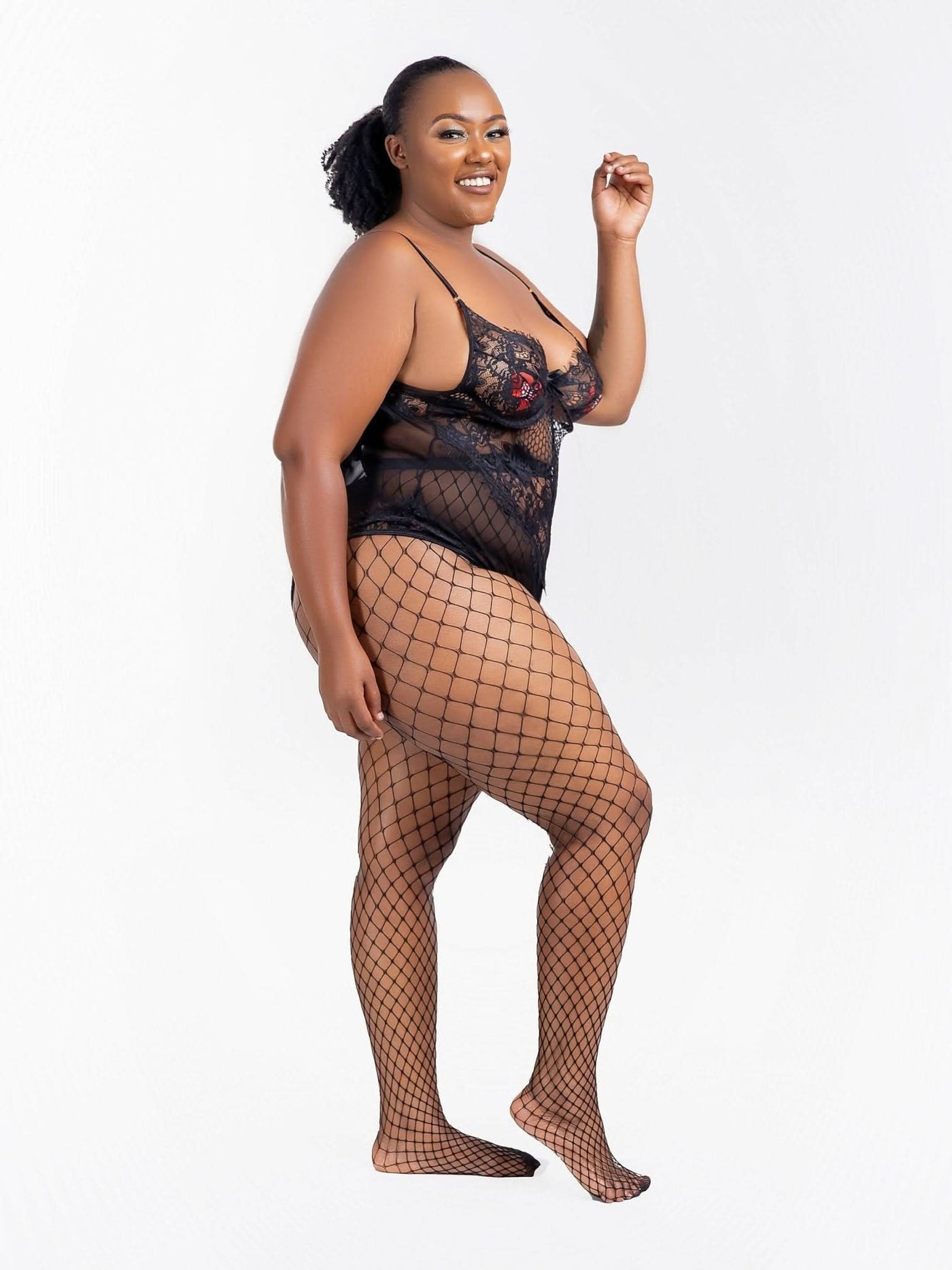 Intimates Kenya Chic Kissable Black Sheer Mesh Backless Bodysuit With Underwire and Fishnets - Black - Shopzetu