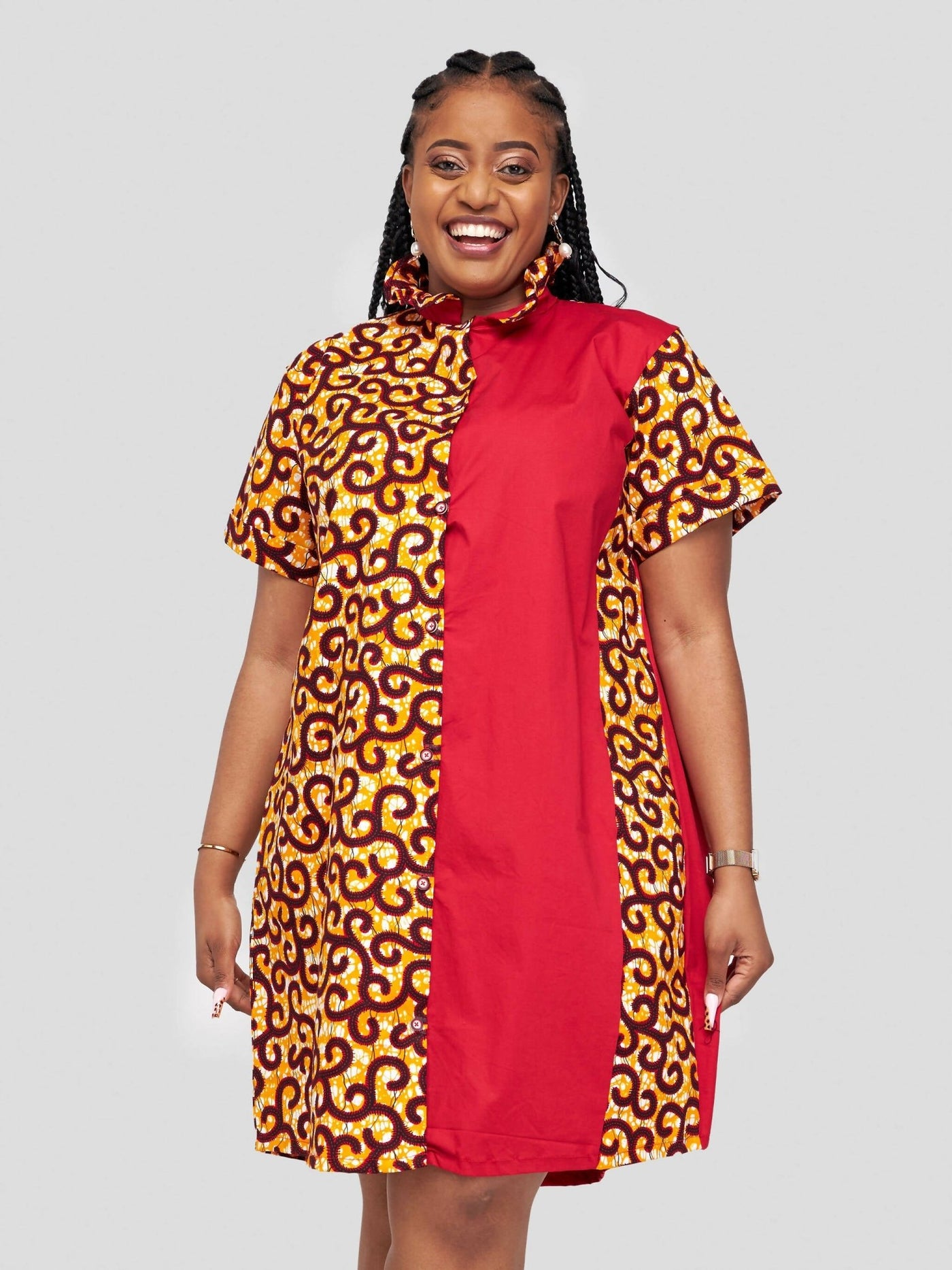 Vazi Afriq Cotton Ankara Shirt Dress - Orange / Red Print - Shopzetu