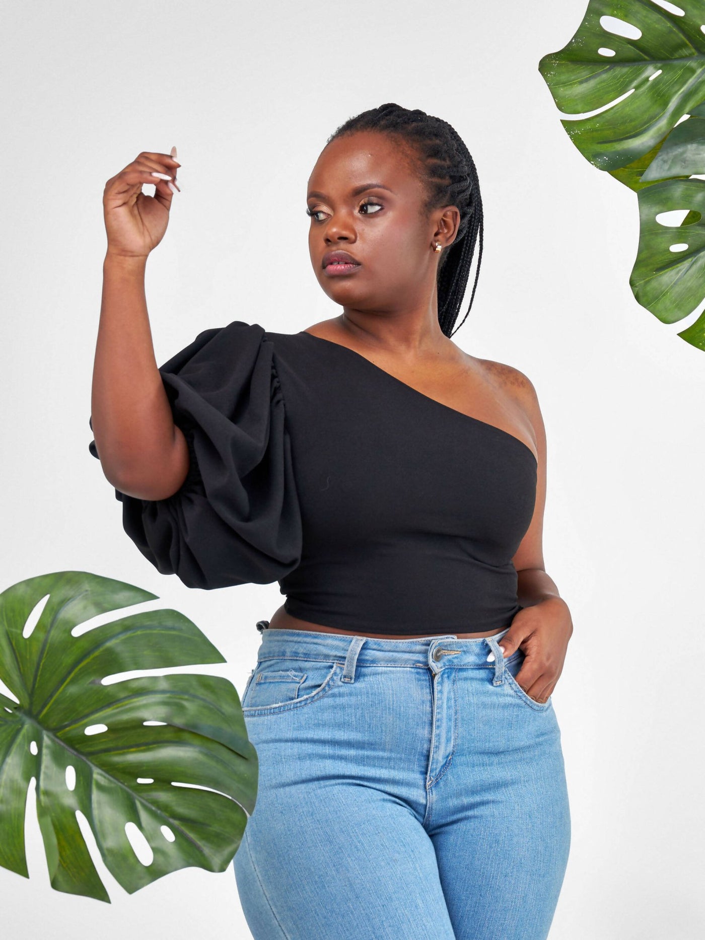 Chic Clique One Hand Ruffle Sleeve Top - Black - Shopzetu