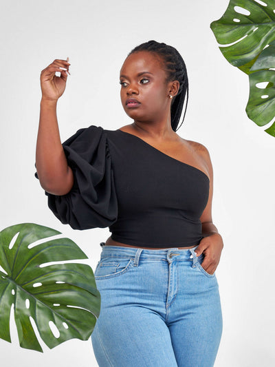Chic Clique One Hand Ruffle Sleeve Top - Black - Shopzetu
