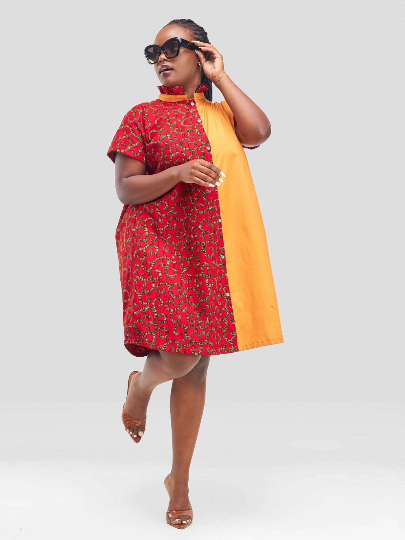 Vazi Afriq Cotton Ankara Shirt Dress - Red / Brown - Shopzetu