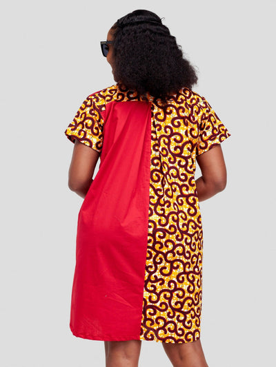 Vazi Afriq Cotton Ankara Shirt Dress - Orange / Red Print - Shopzetu