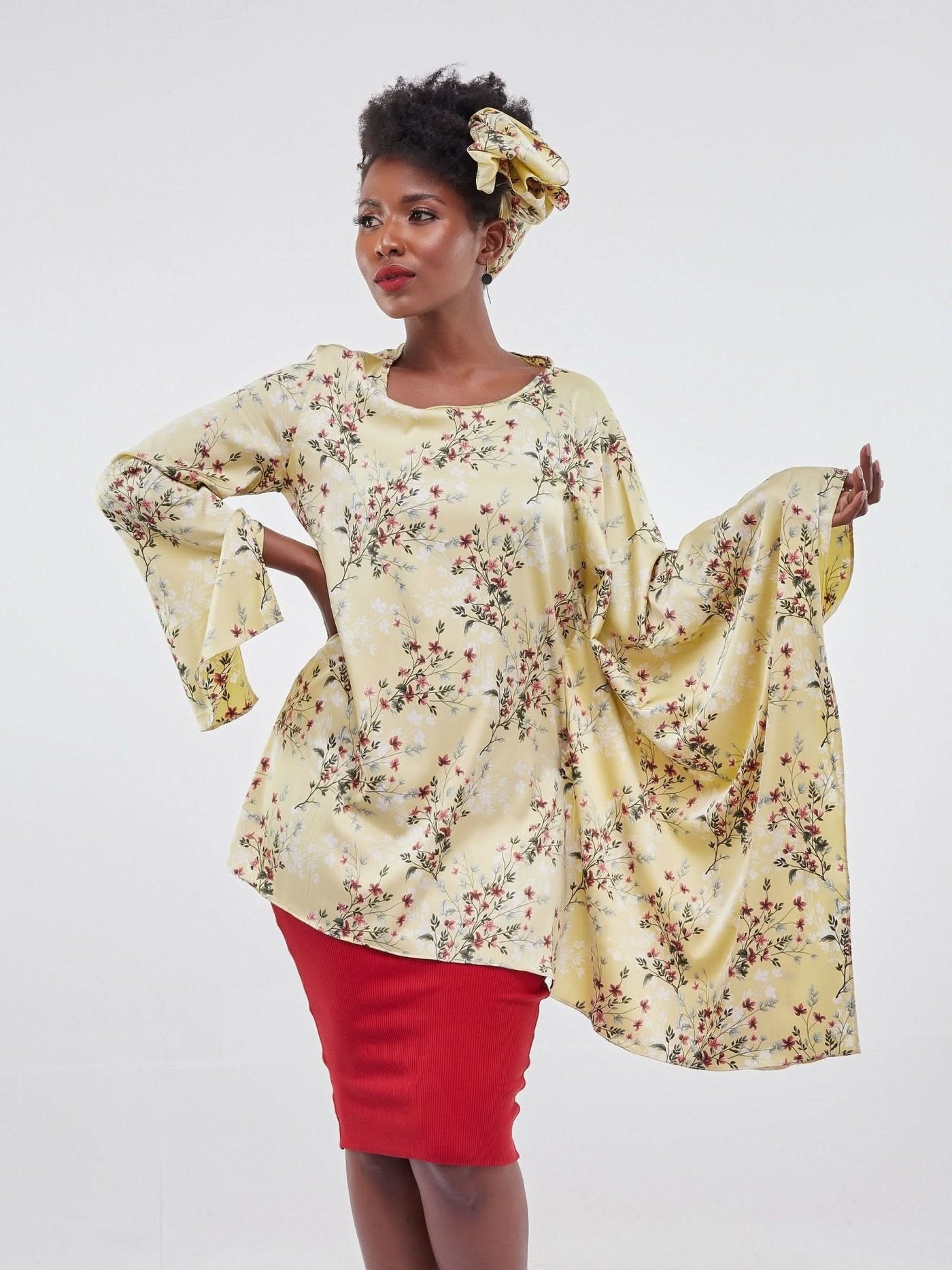Vivo Jamila Side Drape Top - Yellow Floral Print - Shopzetu