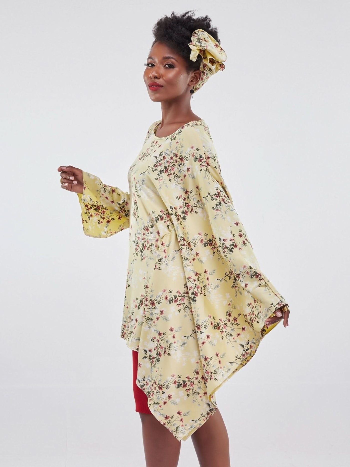 Vivo Jamila Side Drape Top - Yellow Floral Print - Shopzetu