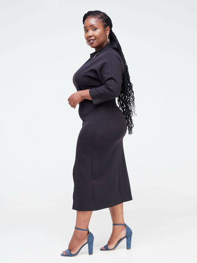 The Fashion Frenzy Shift Dress With Leather Detail- Black - Shopzetu