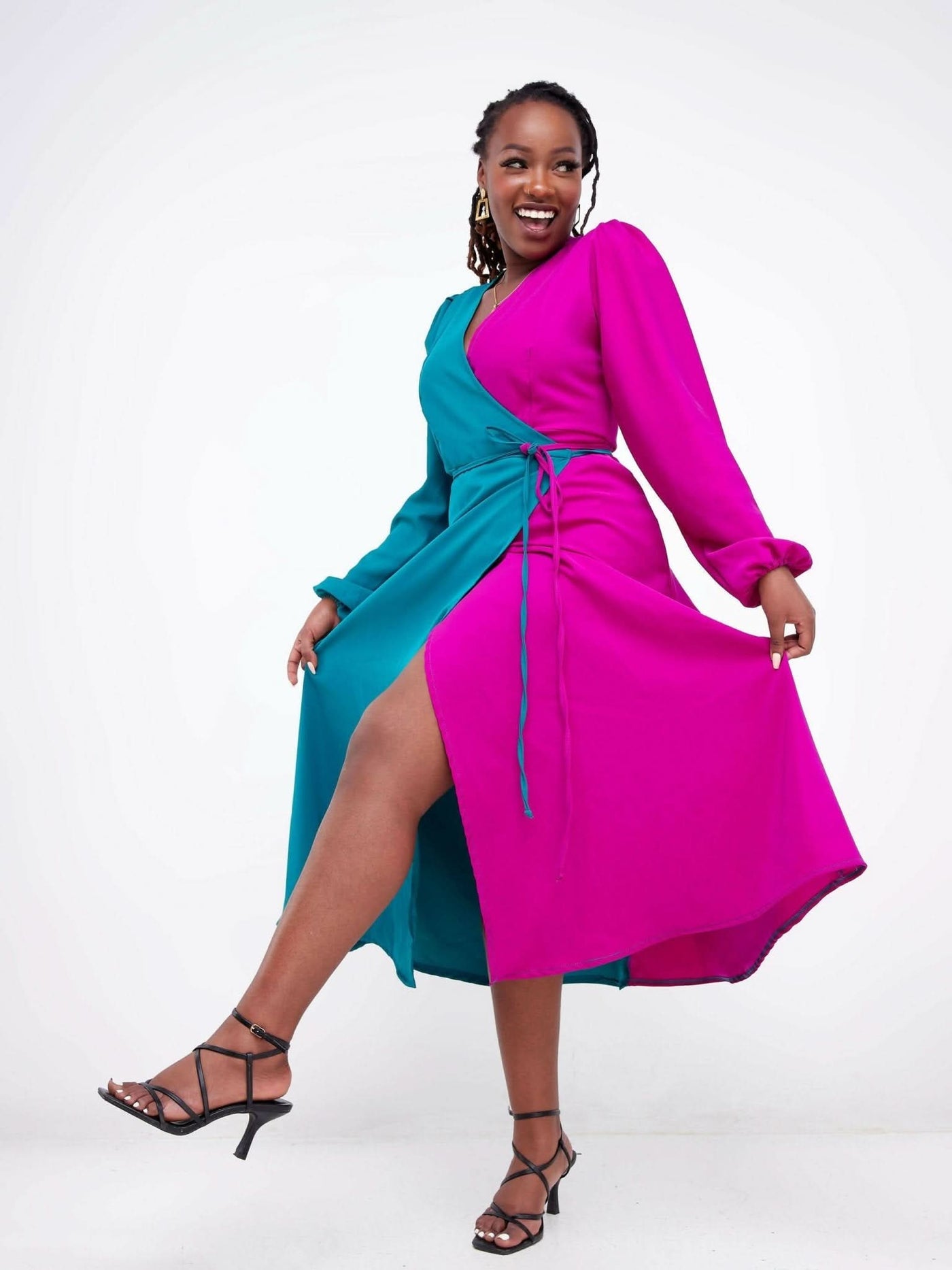 Zia Africa "It's a Wrap" Two Tone Mid Maxi Dress - Teal / Fuschia - Shopzetu