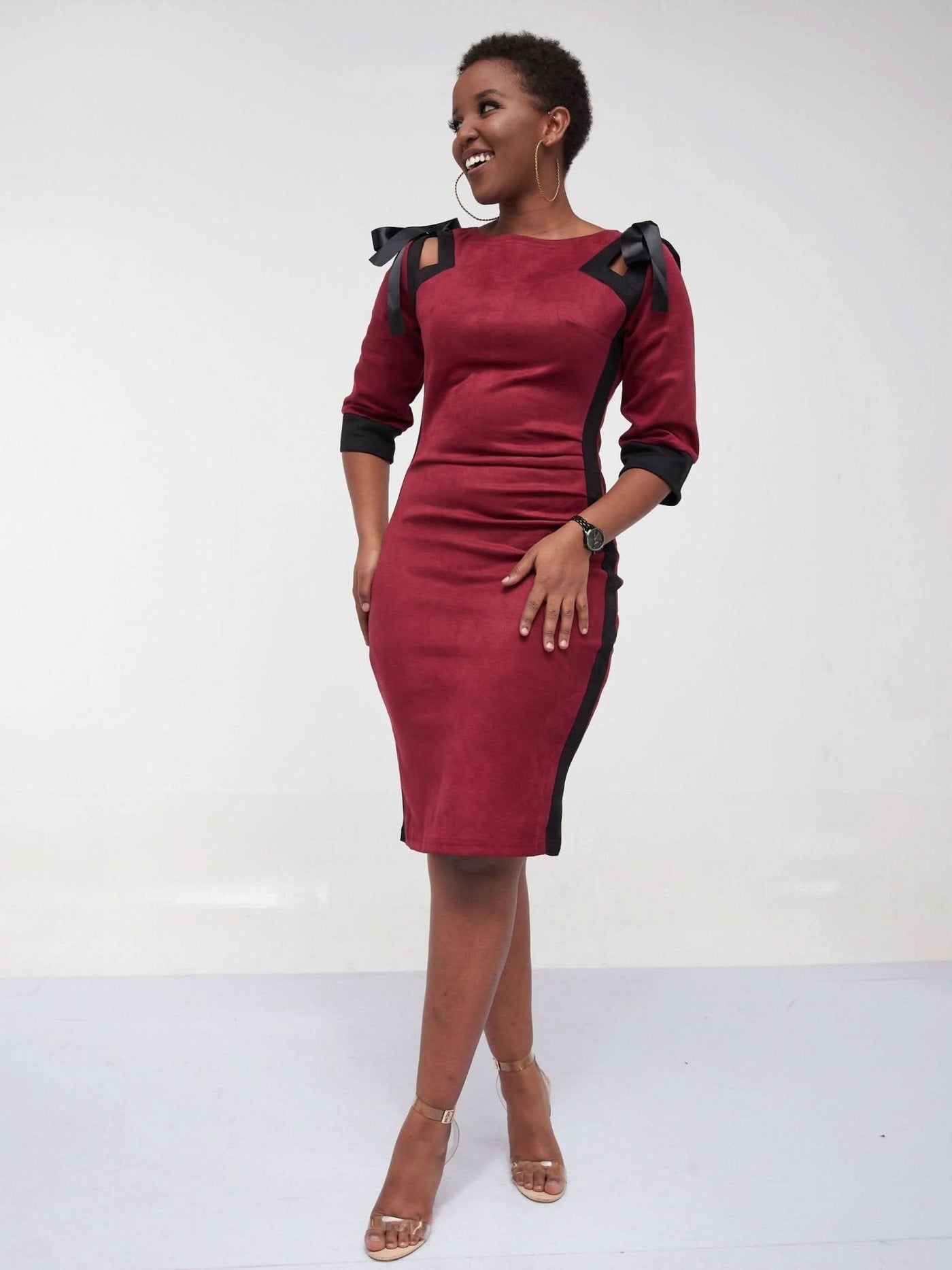 Velvet Maroon Bodycon Office Dress - Maroon - Shopzetu